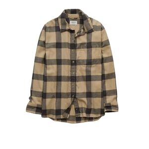 American Eagle Woman's Oversized Plaid Button-up Shirt Tan Small